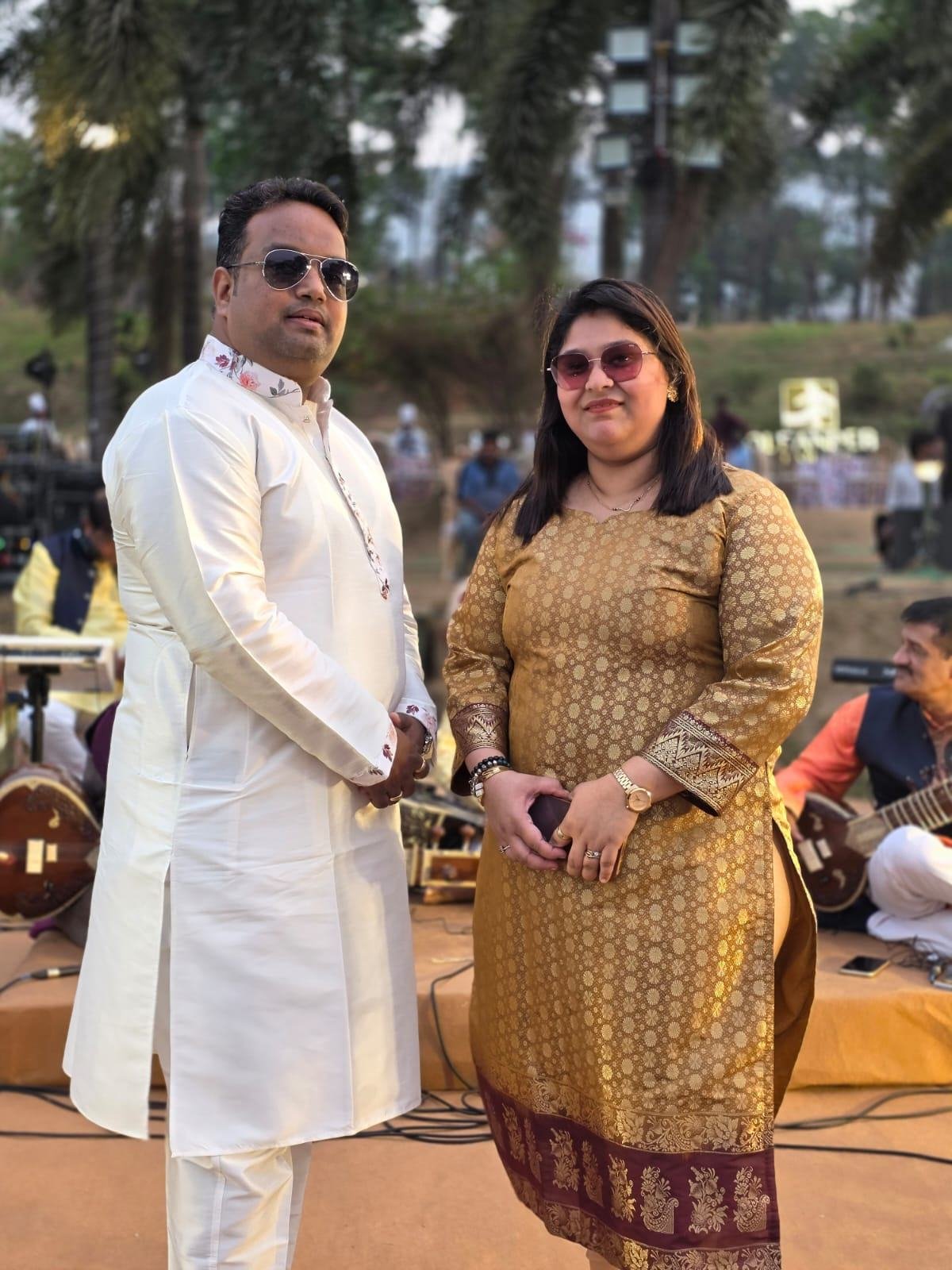 Vaibhav Pewal and Manva Vaibhav Pewal in traditional attire at an outdoor event